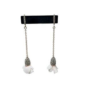 Gold Tone Rhinestone Flower Drop Earrings Blush Fabric Petal Chain Dangle 4in